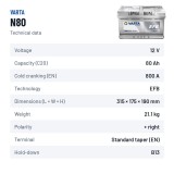 Start-Stop battery Varta N80 12V 80Ah 800A EFB – technical data