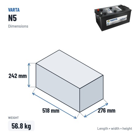 LKW-Batterie Varta N5 12V 220Ah 1150A – Abmessungen 518 × 276 × 242 mm
