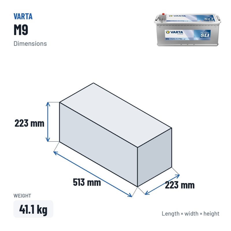 Truck battery Varta M9 12V 170Ah 1000A – dimensions 513 × 223 × 223 mm