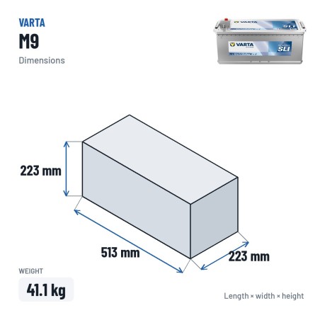 Batería de camión Varta M9 12V 170Ah 1000A – medidas 513 × 223 × 223 mm