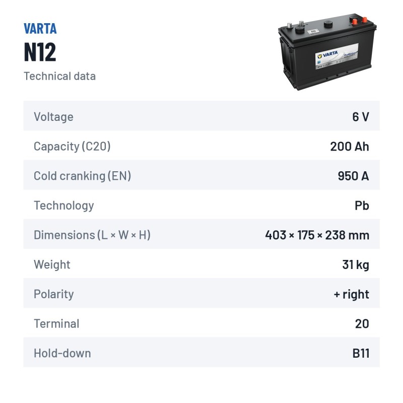 Bateria de camião Varta N12 6V 200Ah 950A – ficha técnica