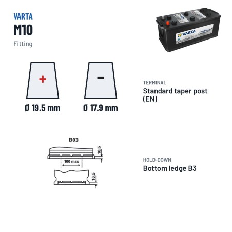 Batteria camion Varta M10 12V 190Ah 1200A – terminali e fissaggio