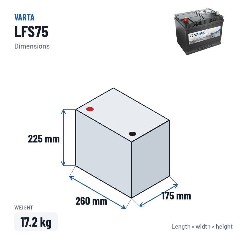 Batterie marine Varta LFS75 12V 60Ah – dimensions 260 × 175 × 225 mm