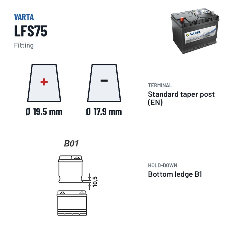 Batería náutica Varta LFS75 12V 60Ah – borne y sujeción