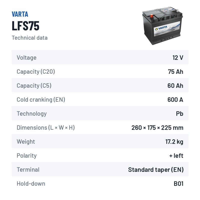 Batería náutica Varta LFS75 12V 60Ah – ficha técnica