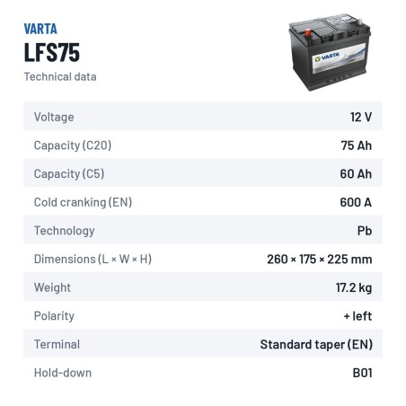 Batería náutica Varta LFS75 12V 60Ah – ficha técnica