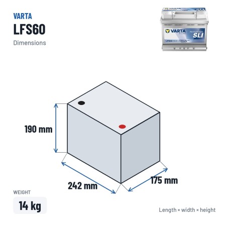 Bootsbatterie Varta LFS60 12V 60Ah – Abmessungen 242 × 175 × 190 mm