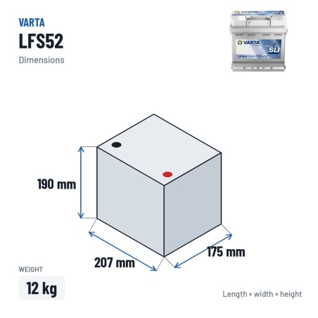 Batteria nautica Varta LFS52 12V 52Ah – dimensioni 207 × 175 × 190 mm