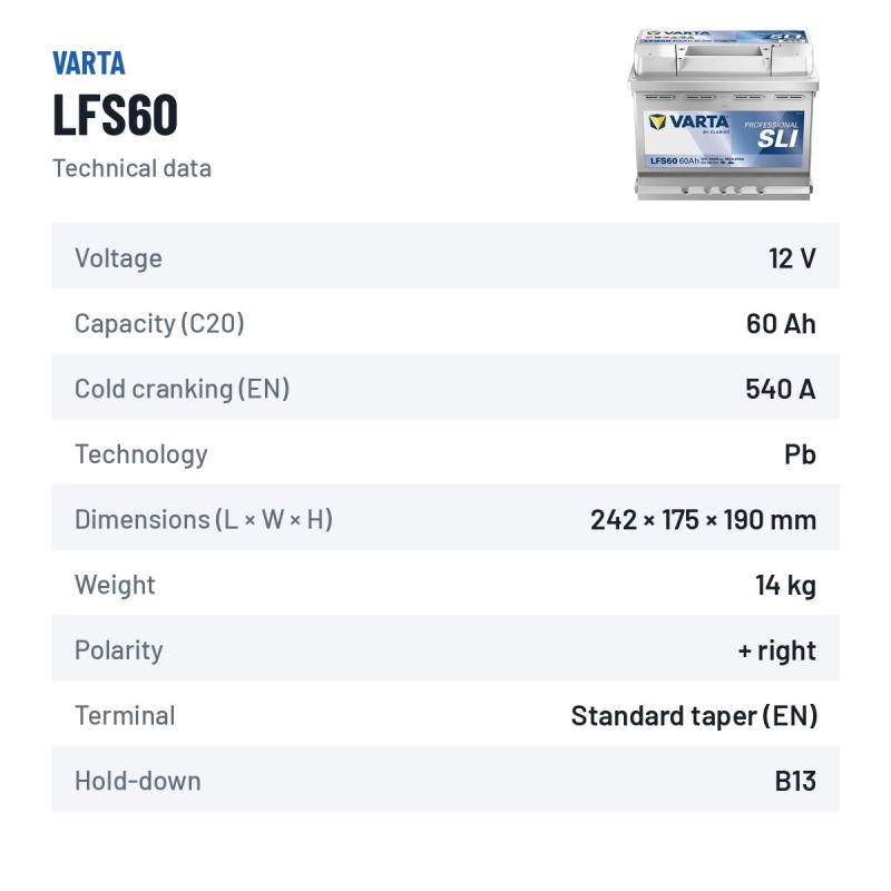 Bateria náutica Varta LFS60 12V 60Ah – ficha técnica