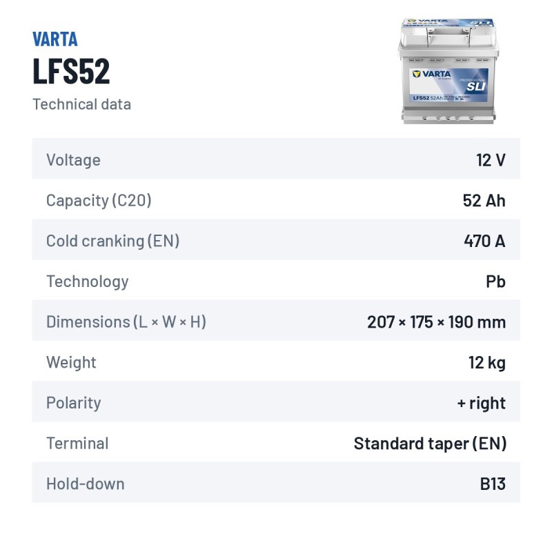 Bateria náutica Varta LFS52 12V 52Ah – ficha técnica