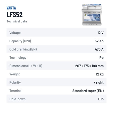 Bateria náutica Varta LFS52 12V 52Ah – ficha técnica