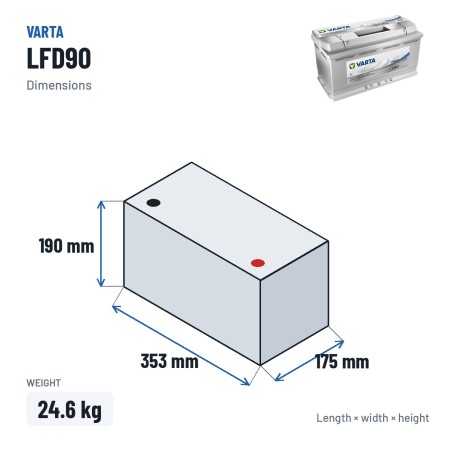 Bateria náutica Varta LFD90 12V 77Ah – medidas 353 × 175 × 190 mm