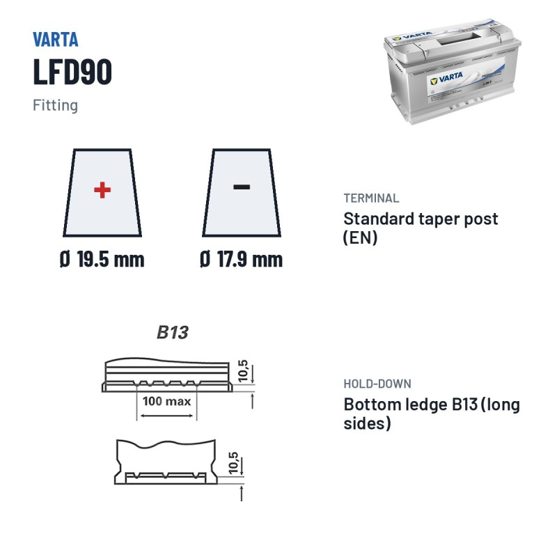 Bateria náutica Varta LFD90 12V 77Ah – terminal e fixação