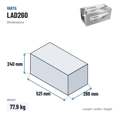 Batteria nautica Varta LAD260 12V 260Ah AGM – dimensioni 521 × 269 × 240 mm