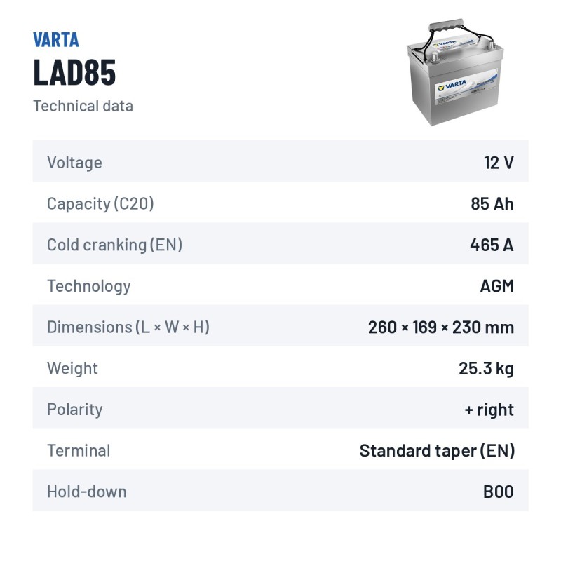 Batteria nautica Varta LAD85 12V 85Ah AGM – scheda tecnica