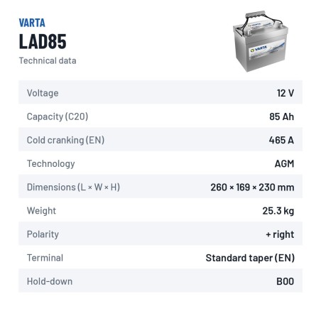 Marine battery Varta LAD85 12V 85Ah 465A AGM | baterias.com