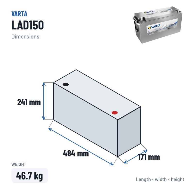 Marine battery Varta LAD150 12V 150Ah AGM – dimensions 484 × 171 × 241 mm