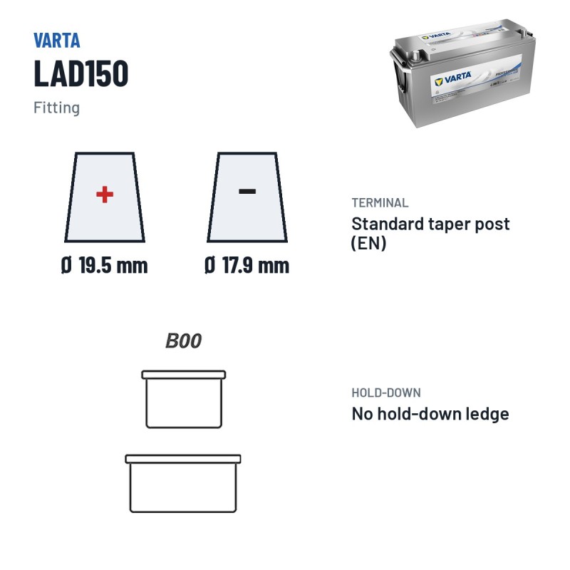 Marine battery Varta LAD150 12V 150Ah AGM – terminal and hold-down