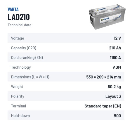 Batteria nautica Varta LAD210 12V 210Ah AGM – scheda tecnica