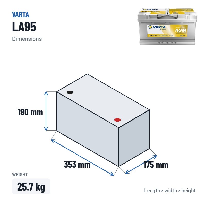 Marine battery Varta LA95 12V 85Ah AGM – dimensions 353 × 175 × 190 mm