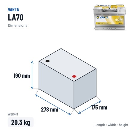 Bootsbatterie Varta LA70 12V 60Ah AGM – Abmessungen 278 × 175 × 190 mm