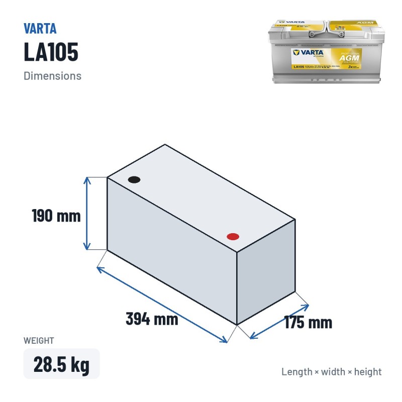 Marine battery Varta LA105 12V 95Ah AGM – dimensions 394 × 175 × 190 mm