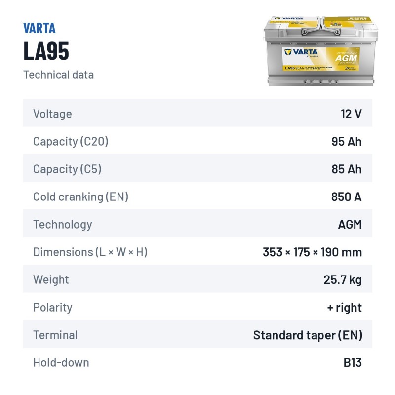 Marine battery Varta LA95 12V 85Ah AGM – technical data