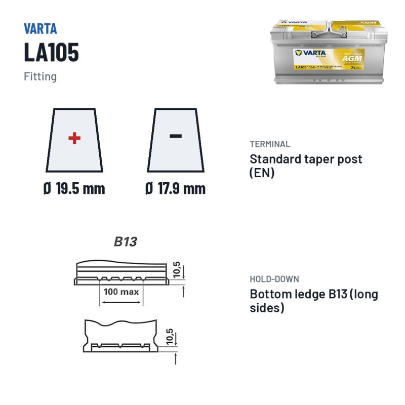 Marine battery Varta LA105 12V 95Ah AGM – terminal and hold-down