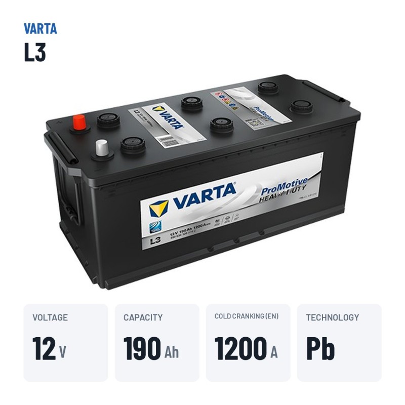 Batterie camion Varta L3 12V 190Ah 1200A – caractéristiques clés