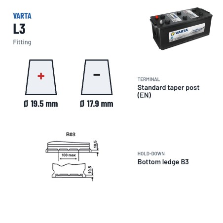 Batterie camion Varta L3 12V 190Ah 1200A – bornes et fixation