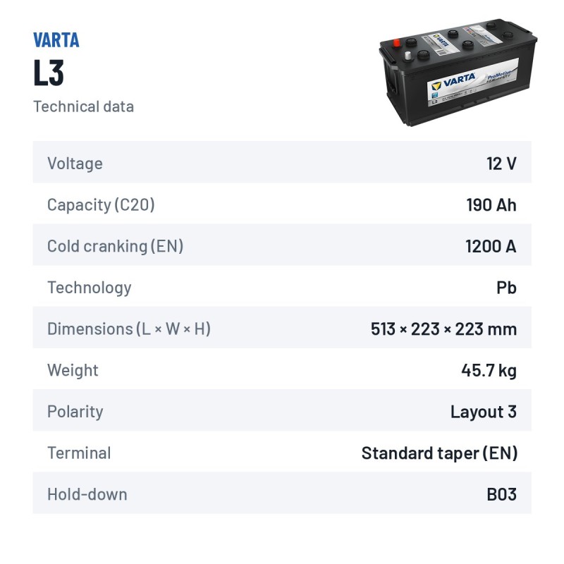 Batterie camion Varta L3 12V 190Ah 1200A – fiche technique