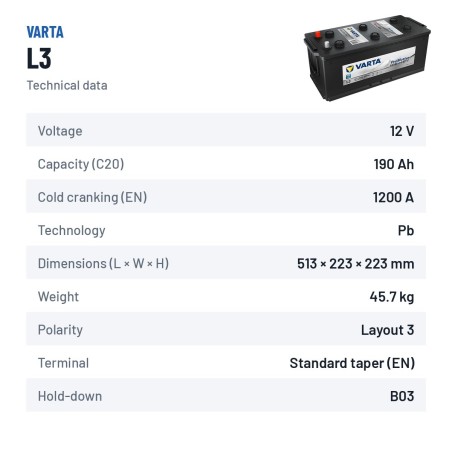 Batterie camion Varta L3 12V 190Ah 1200A – fiche technique
