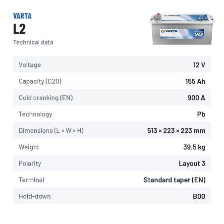 Truck battery Varta L2 12V 155Ah 900A | baterias.com