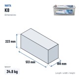 Truck battery Varta K8 12V 140Ah 800A – dimensions 513 × 189 × 223 mm