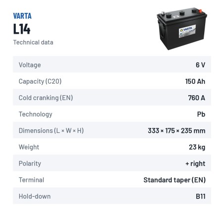 LKW-Batterie Varta L14 6V 150Ah 760A | baterias.com