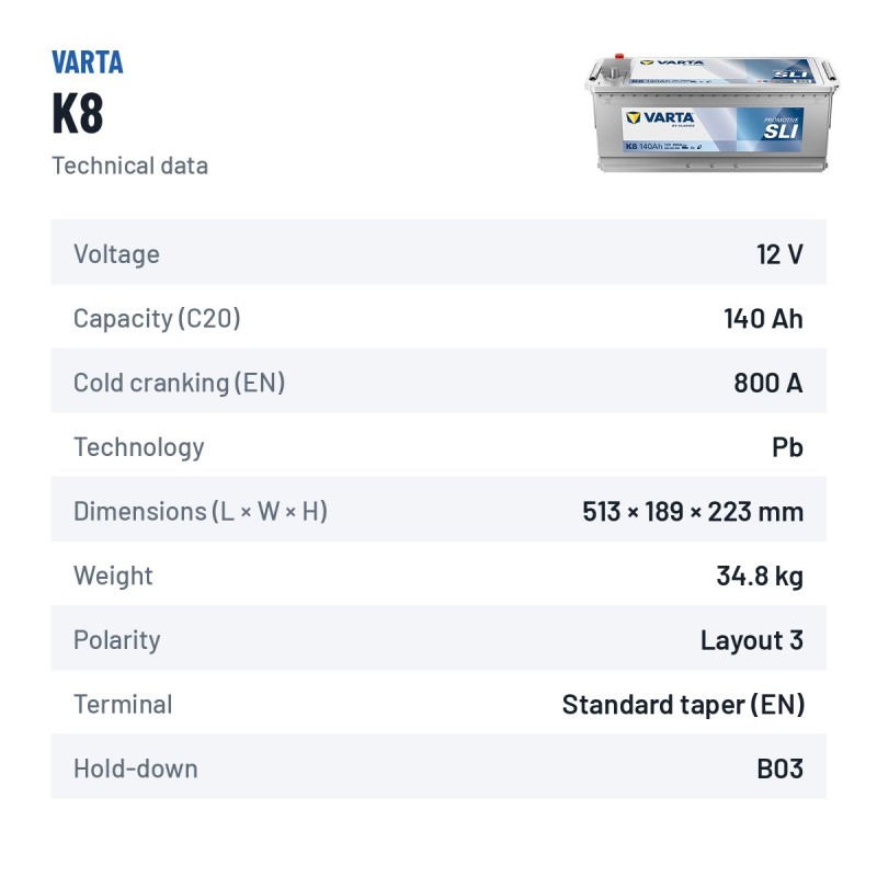 Batterie camion Varta K8 12V 140Ah 800A – fiche technique