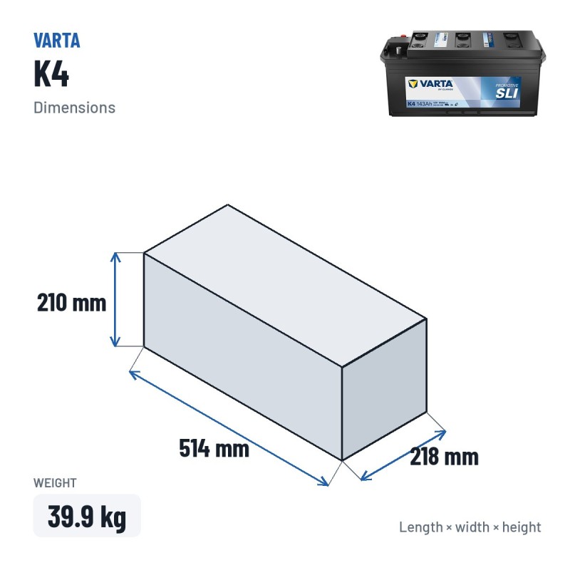 Truck battery Varta K4 12V 143Ah 950A – dimensions 514 × 218 × 210 mm