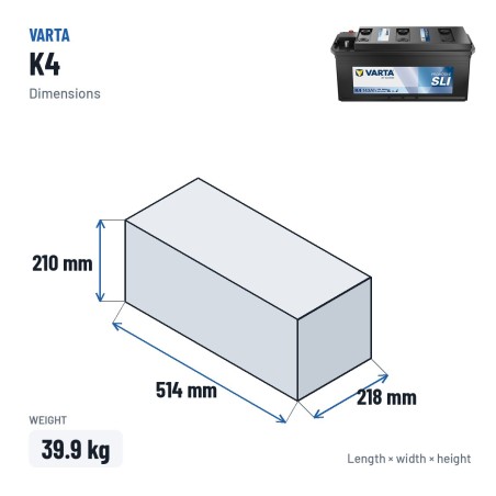 Truck battery Varta K4 12V 143Ah 950A – dimensions 514 × 218 × 210 mm