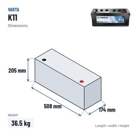 Truck battery Varta K11 12V 143Ah 900A – dimensions 508 × 174 × 205 mm