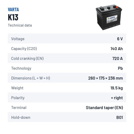 LKW-Batterie Varta K13 6V 140Ah 720A | baterias.com