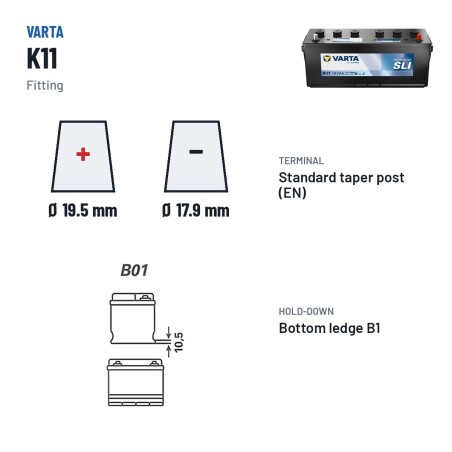 Truck battery Varta K11 12V 143Ah 900A – terminal and hold-down