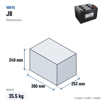 LKW-Batterie Varta J8 12V 135Ah 680A – Abmessungen 360 × 253 × 240 mm