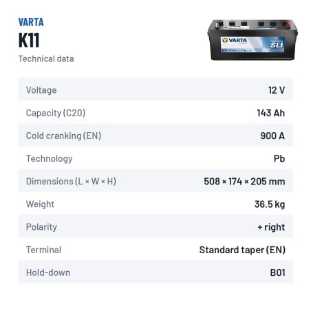 Batterie camion Varta K11 12V 143Ah 900A – fiche technique