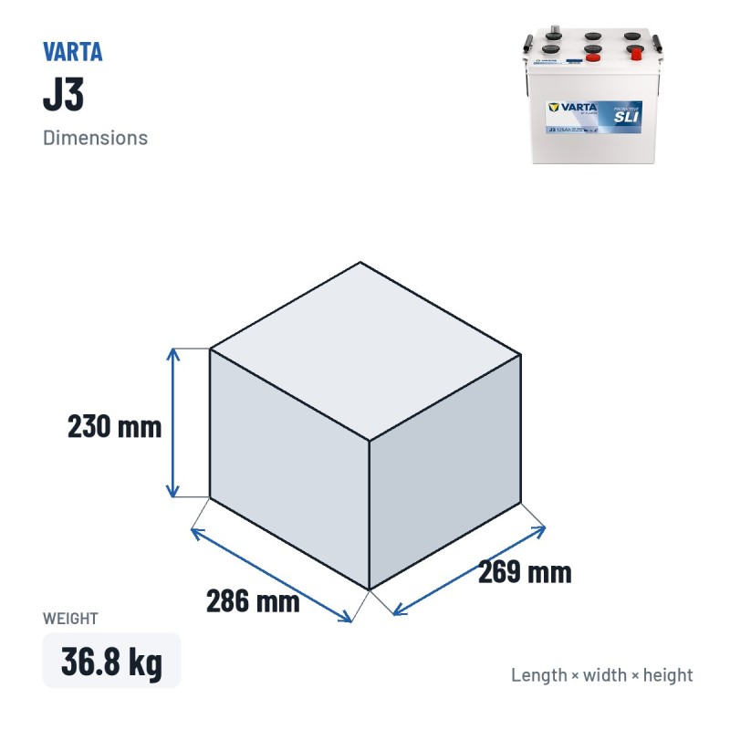 Batteria camion Varta J3 12V 125Ah 950A – dimensioni 286 × 269 × 230 mm