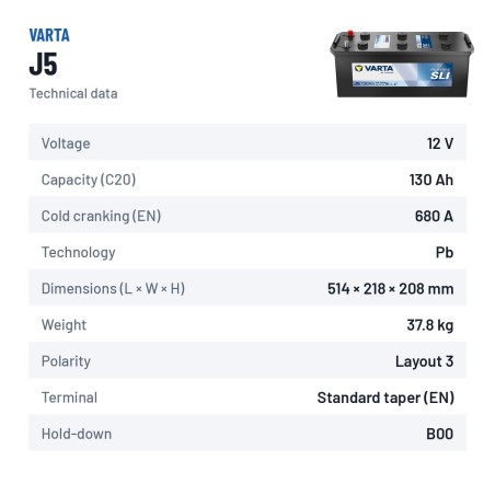 Batería de camión Varta J5 12V 130Ah 680A | baterias.com
