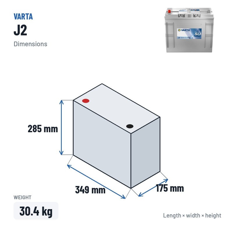 Bateria de camião Varta J2 12V 125Ah 720A – medidas 349 × 175 × 285 mm