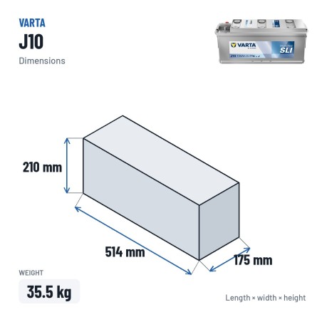 Bateria de camião Varta J10 12V 130Ah 1000A – medidas 514 × 175 × 210 mm