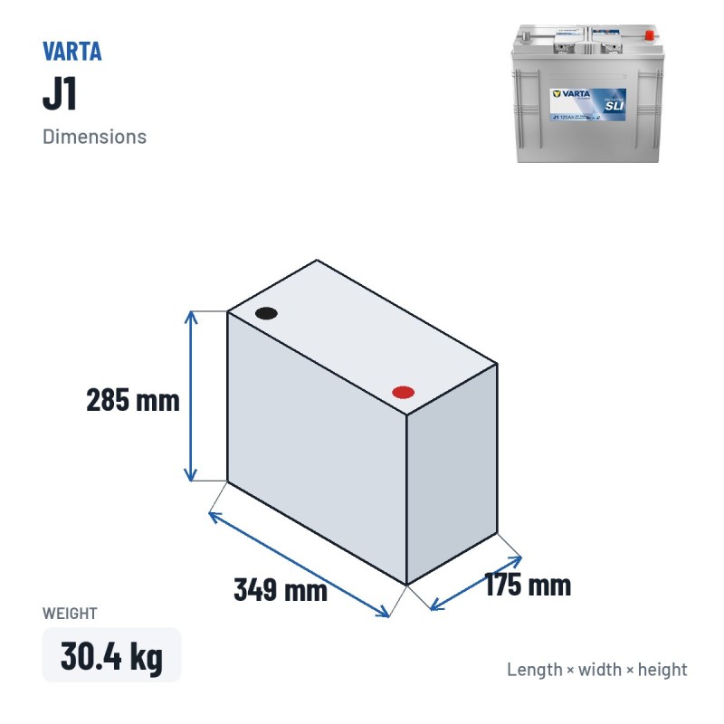 Truck battery Varta J1 12V 125Ah 720A – dimensions 349 × 175 × 285 mm