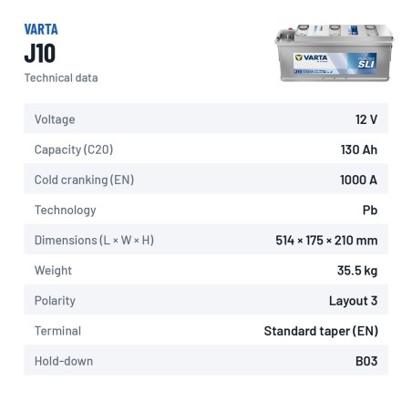 Truck battery Varta J10 12V 130Ah 1000A – technical data