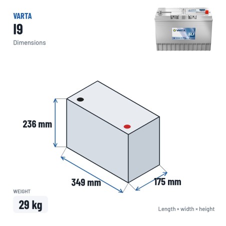 Batterie camion Varta I9 12V 120Ah 780A – dimensions 349 × 175 × 236 mm